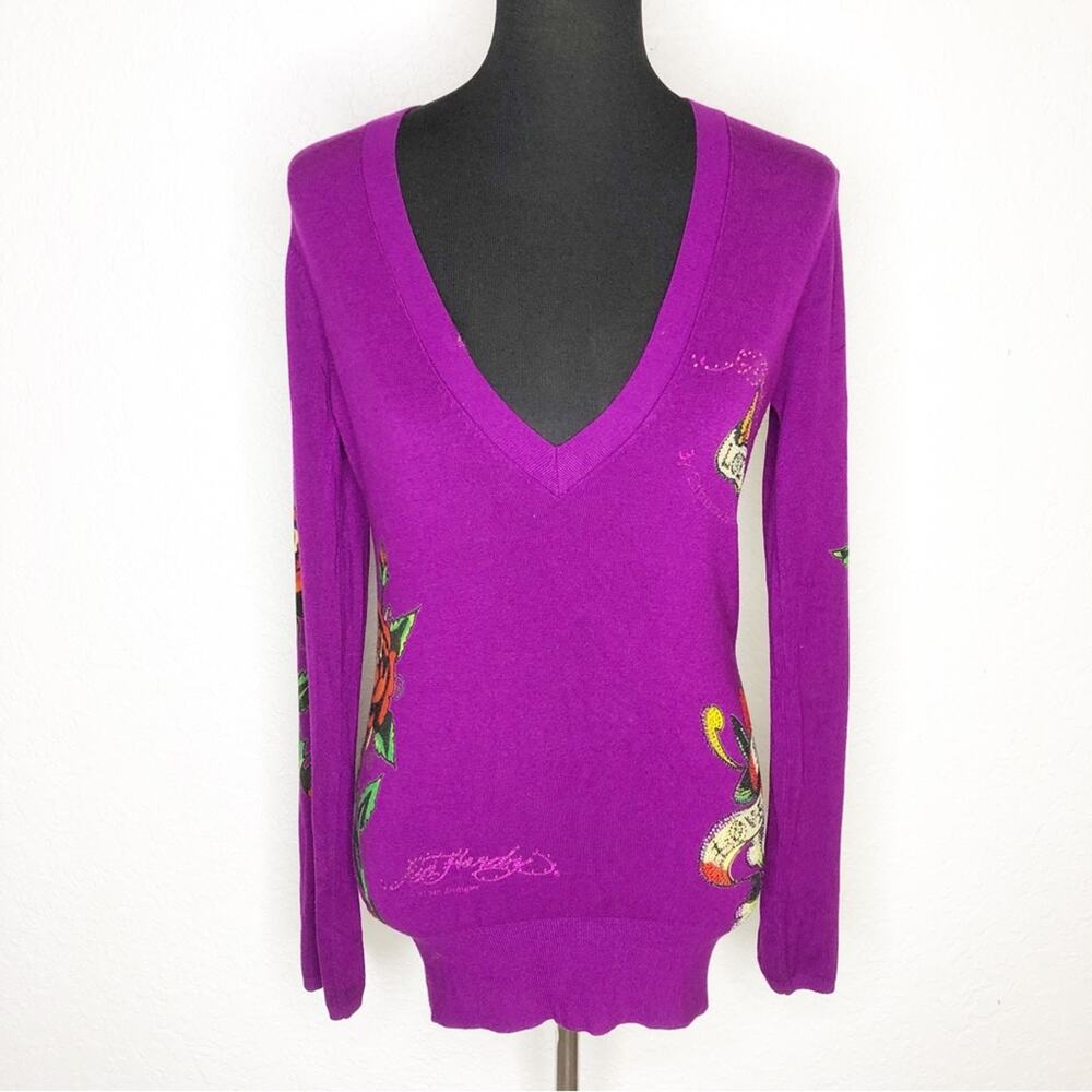 Ed Hardy purple floral heart rhinestone Love Kills v neck sweater size Medium